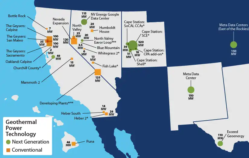 fy25-geo-market-report-figure16 Geothermal Power Technology map of western United States showing locations of next generation geothermal and conventional geothermal.