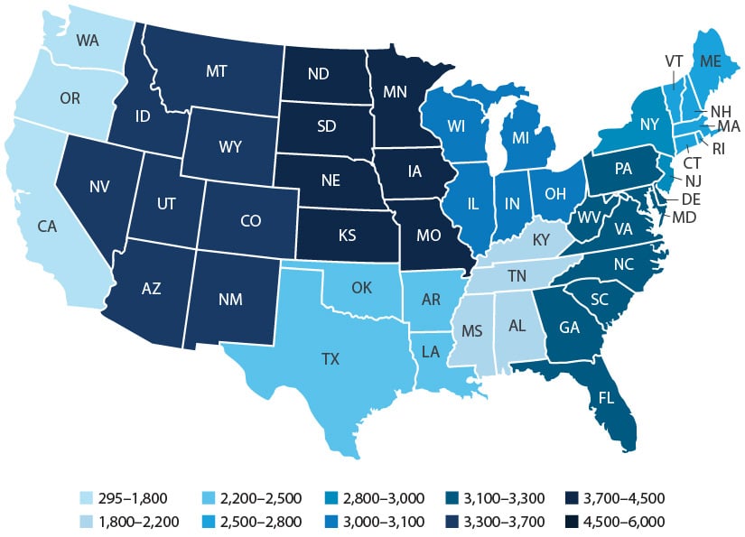nrel-geo-market-report-figure-map-ghps Map of the United States showing the number of commercial buildings with GHPs.