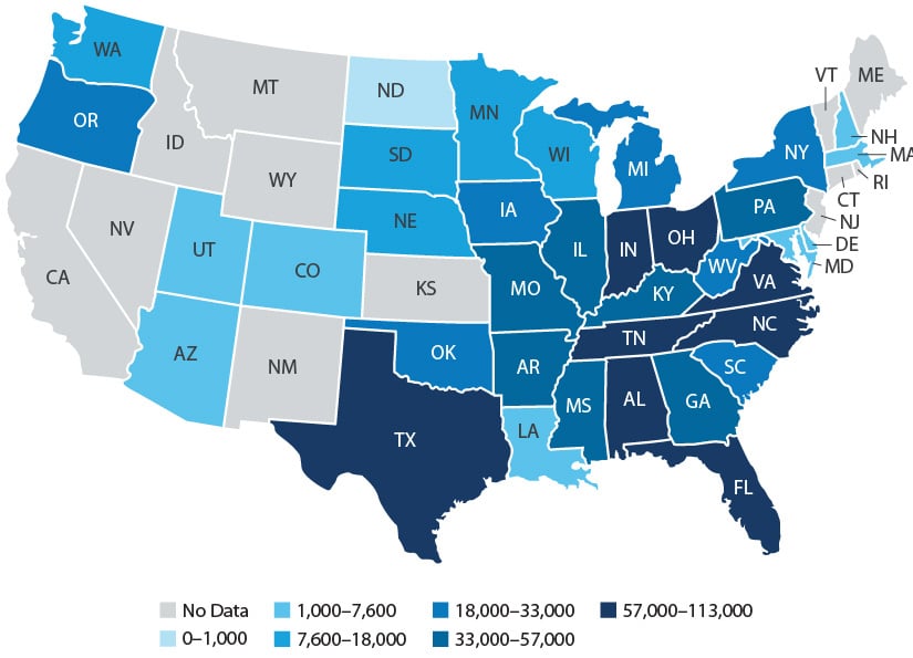 nrel-geo-market-report-figure-map-housing-units Map of the United States showing the number of residential housing units with GHPs.