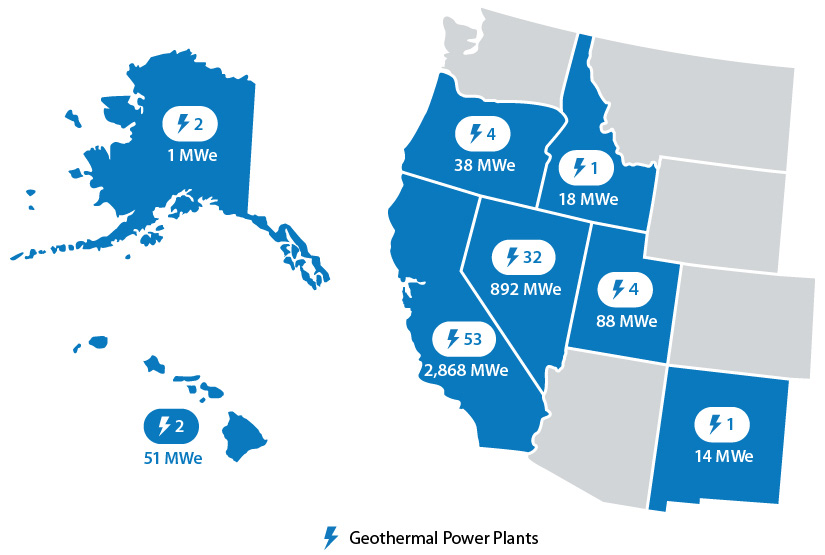 nrel-geo-market-report-figure-map-mwe Western United States displaying the number of installed geothermal power plants.
