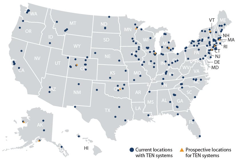 nrel-geo-market-report-figure-map-ten-system A map of the United States with markers for Current and Prospective locations with TEN systems.
